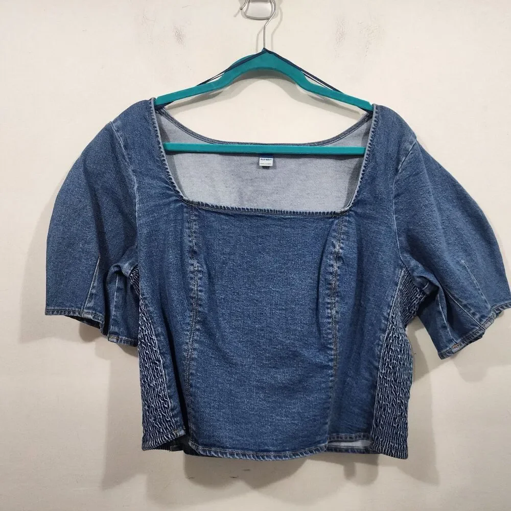 Old Navy Denim Milk Maid Crop Top Blue Square Neck Puff Sleeve Smocked Sides XL